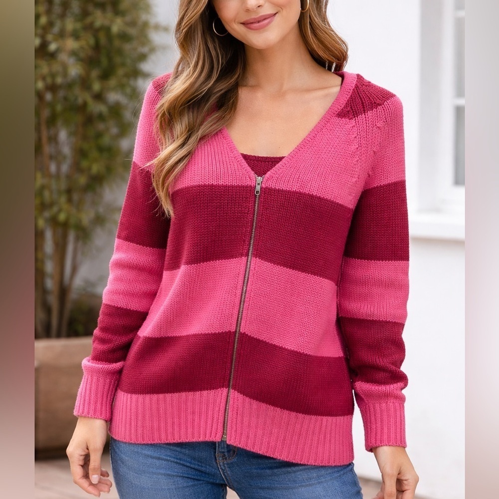 Garnet Hill Striped Pink Front Zip Wool Blend Sweater Size Small